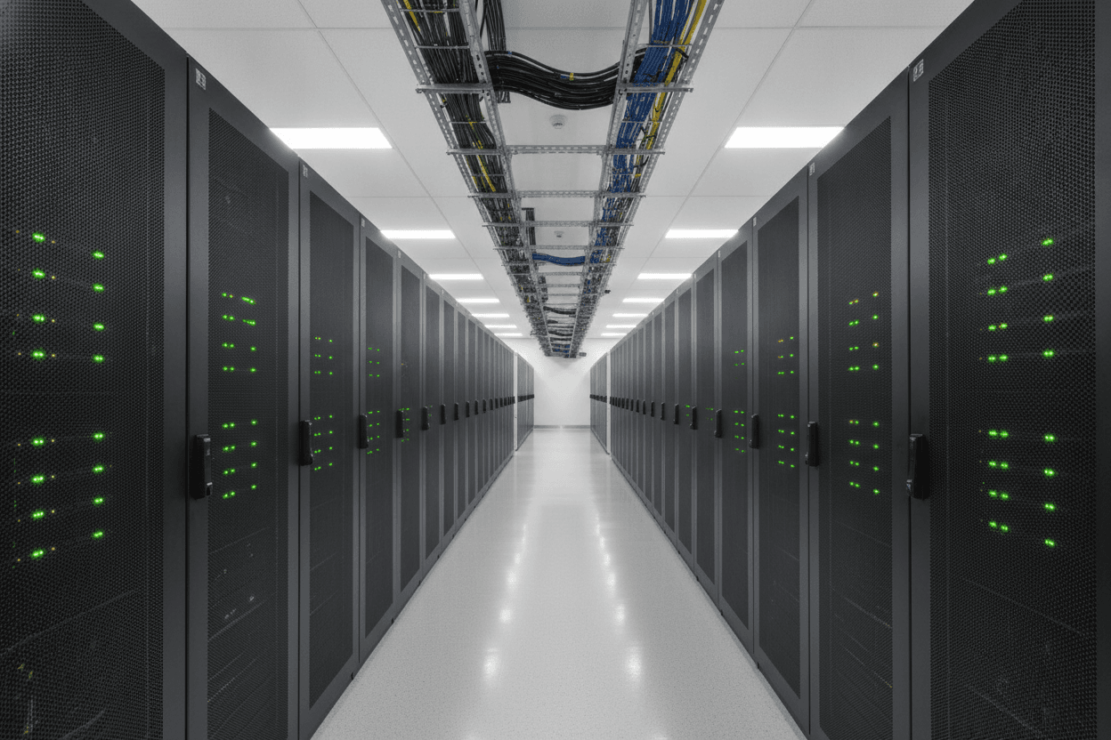 Inside a data center: a clean, brightly lit aisle between rows of server racks with tidy overhead cabling